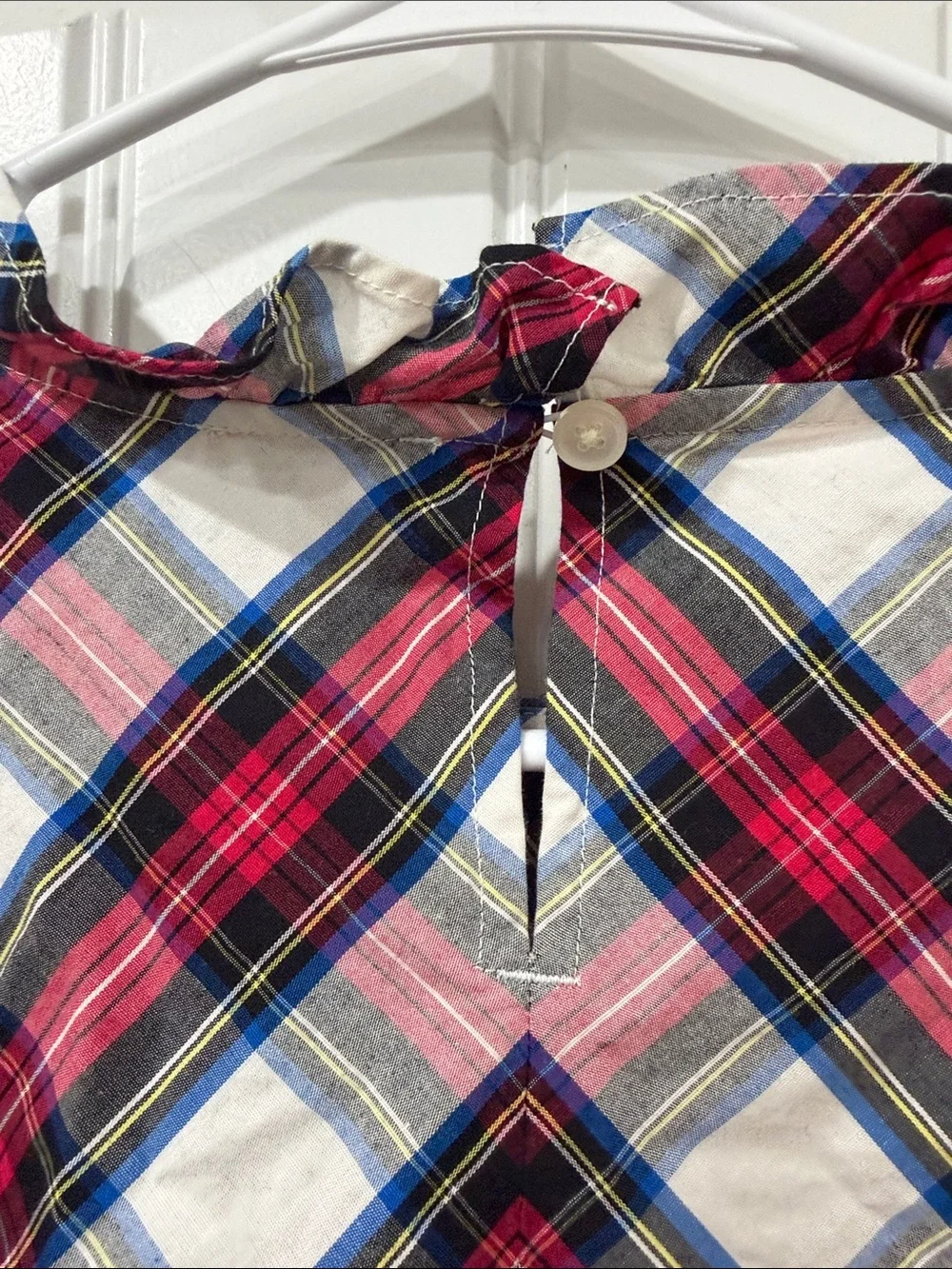 EUC J. Crew Red, Cream & Blue Tartan Plaid Ruffle-Neck Blouse